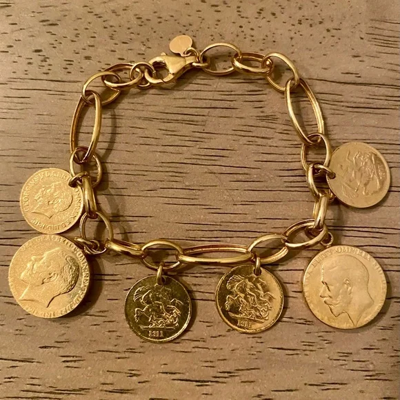 ITALY 925 stamped Sterling Silver 24k gold-plated Euro Coin Charm Bracelet NEW - Picture 1 of 5